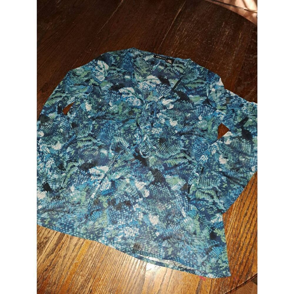 Medium Petite Mixit Semi Sheer Long Sleeve Tie Neck Pullover Shirt Top Blouse